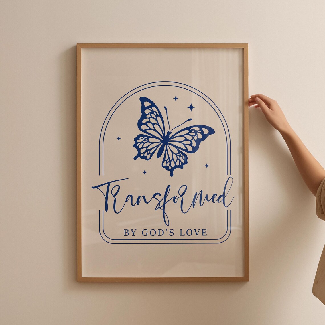 Navy Butterfly Line Art Transformed By Gods Love Christian Poster - Image 5