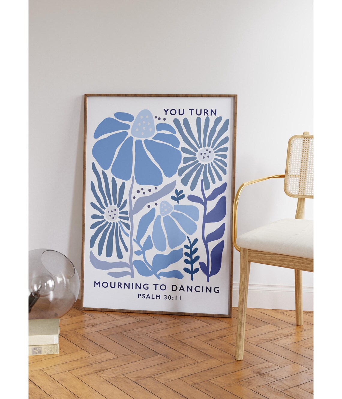 Blue Folk Floral You Turn Mourning To Dancing Psalm 30 Art Poster - Image 3