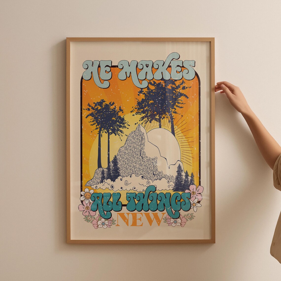 He Makes All Things New Retro Mountain Sunset Christian Faith Poster - Image 3