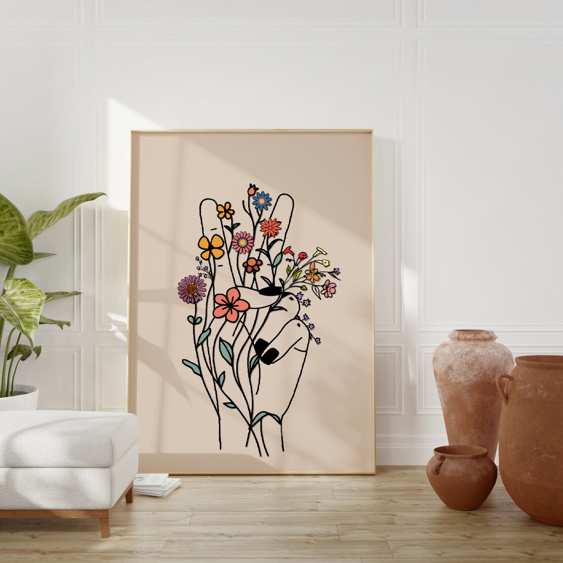 Peace Hand Retro Flower Art Print, Hippie Decor - Image 3