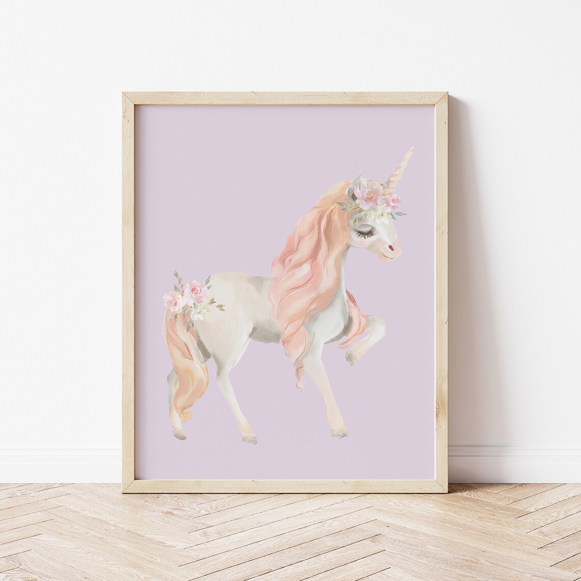 Watercolor Unicorn Peach Mane Floral Crown Purple Girls Room Poster - Image 3