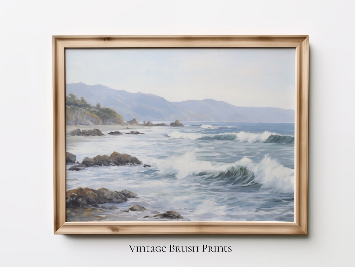 Vintage Coastal Seascape Rocky Shoreline Breaking Waves Print