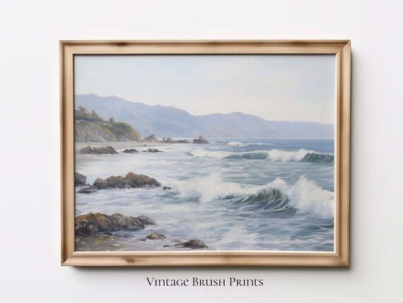 Vintage Coastal Seascape Rocky Shoreline Breaking Waves Print