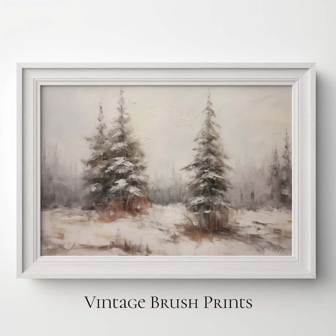 Snowy Winter Forest Pine Trees Muted Vintage Brush Style Poster