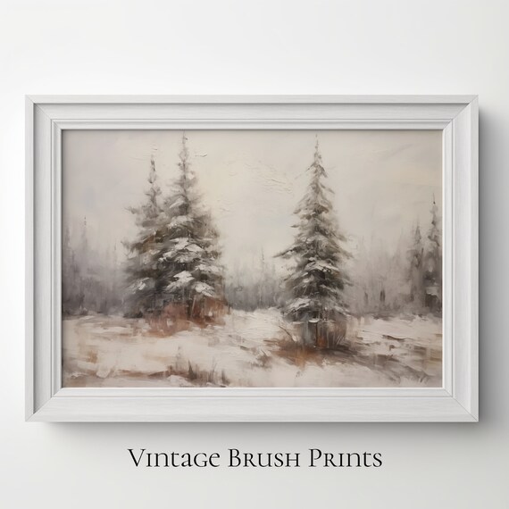 Snowy Winter Forest Pine Trees Muted Vintage Brush Style Poster