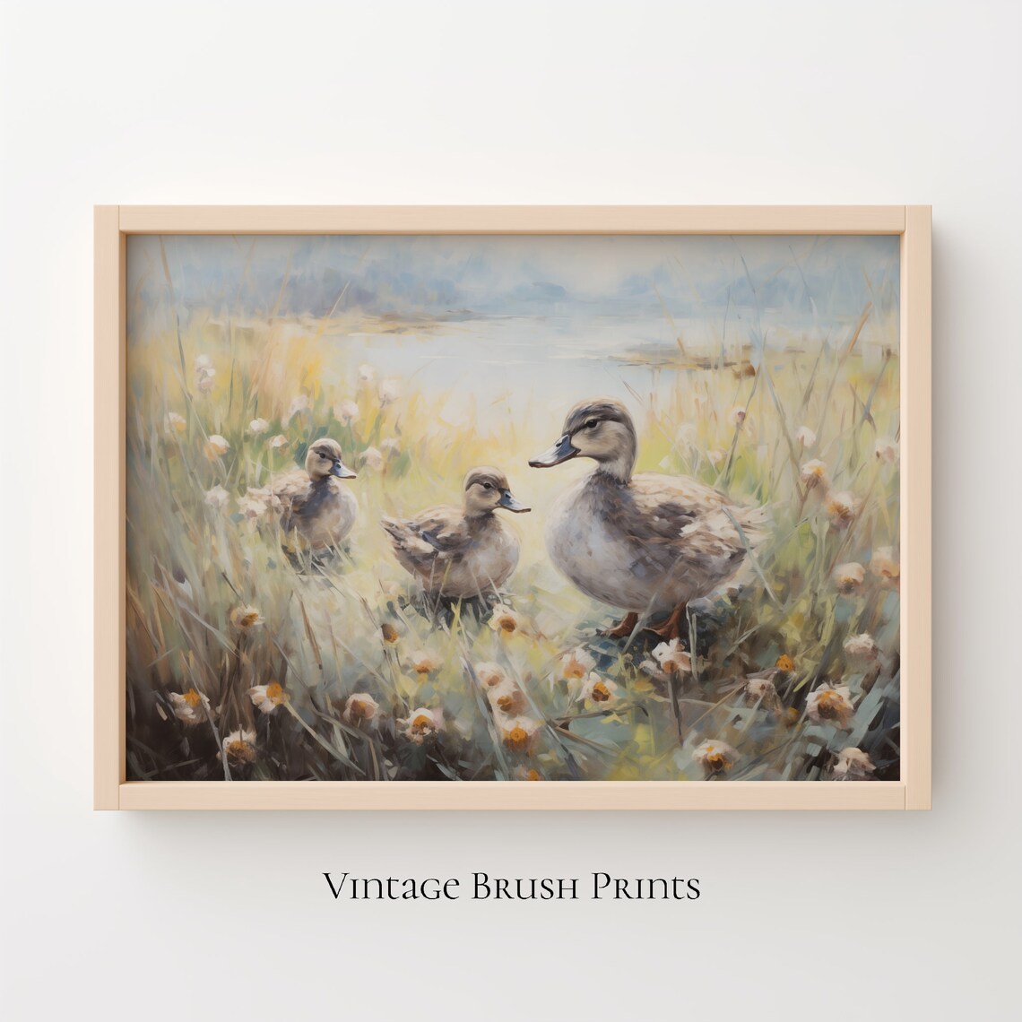 Mother Duck With Two Ducklings in Wildflower Meadow Lake Painting Poster