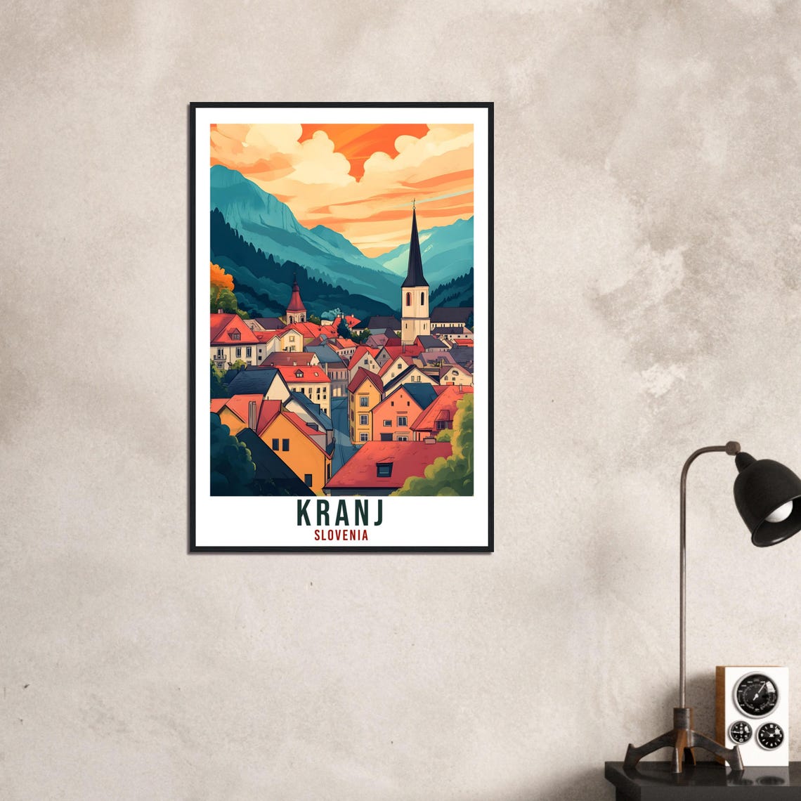 Kranj Slovenia Red Rooftop Old Town Sunset Mountains Travel Poster - Image 3