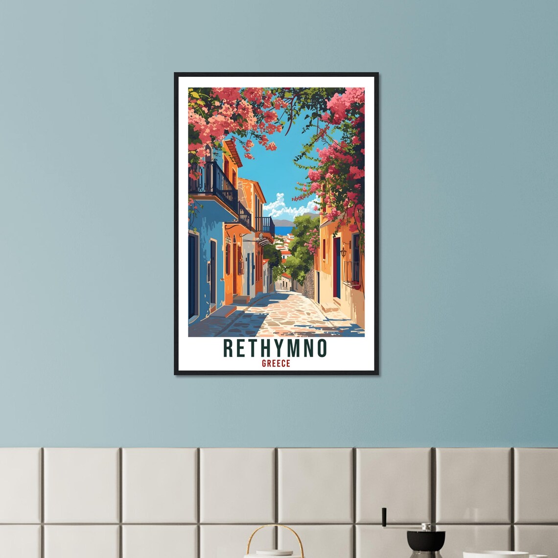 Rethymno Greece Bougainvillea Retro Old Town Lane Travel Poster - Image 3