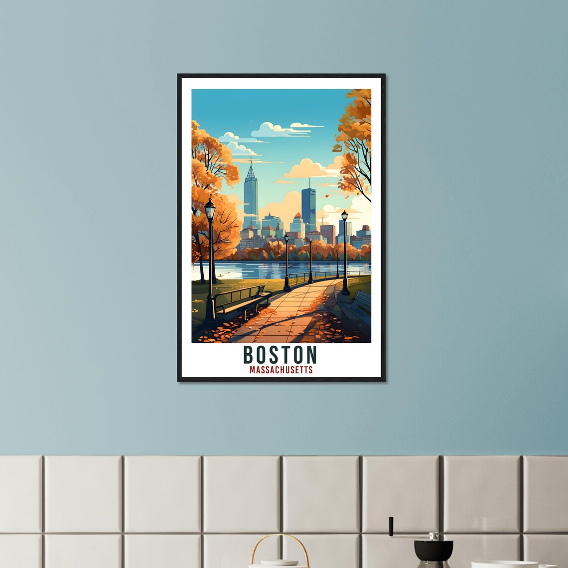 Boston Massachusetts Autumn Park Skyline Lake Fall Travel Poster - Image 3