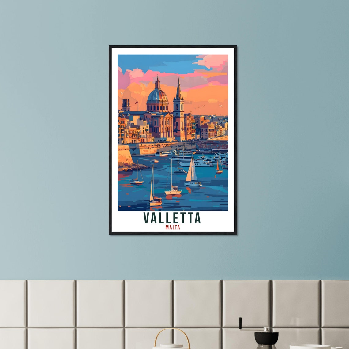 Valletta Malta Grand Harbor Sailboat Sunset Retro Travel Poster - Image 3