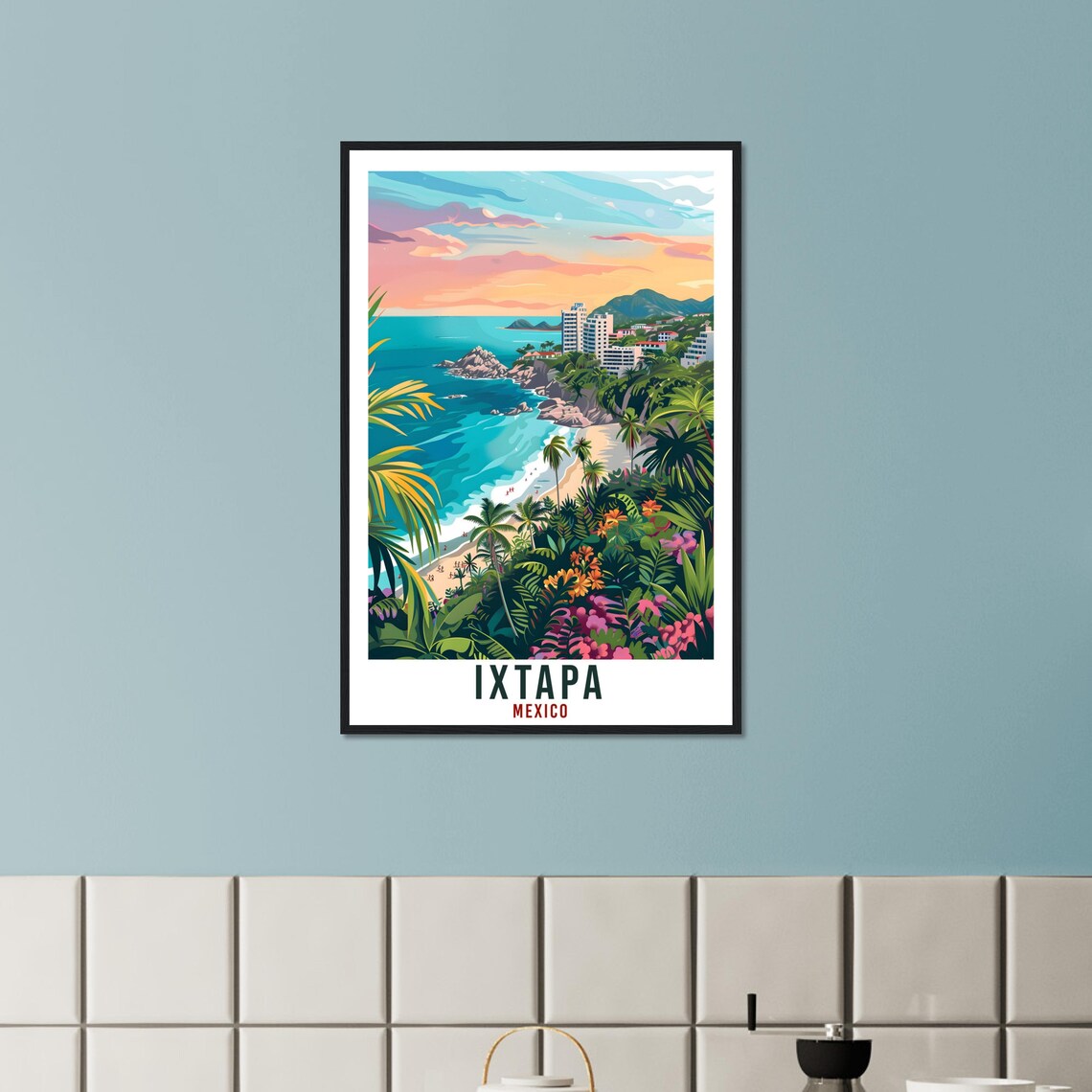 Ixtapa Mexico Tropical Cove Palm Jungle Hillside Bay Sunset View Poster - Image 3