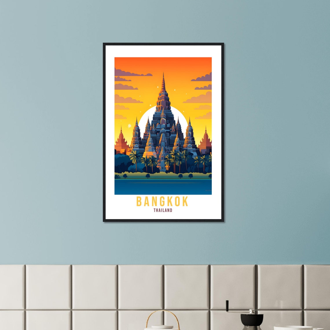 Bangkok Thailand Blazing Sunset Temple Spires Silhouette Poster - Image 2