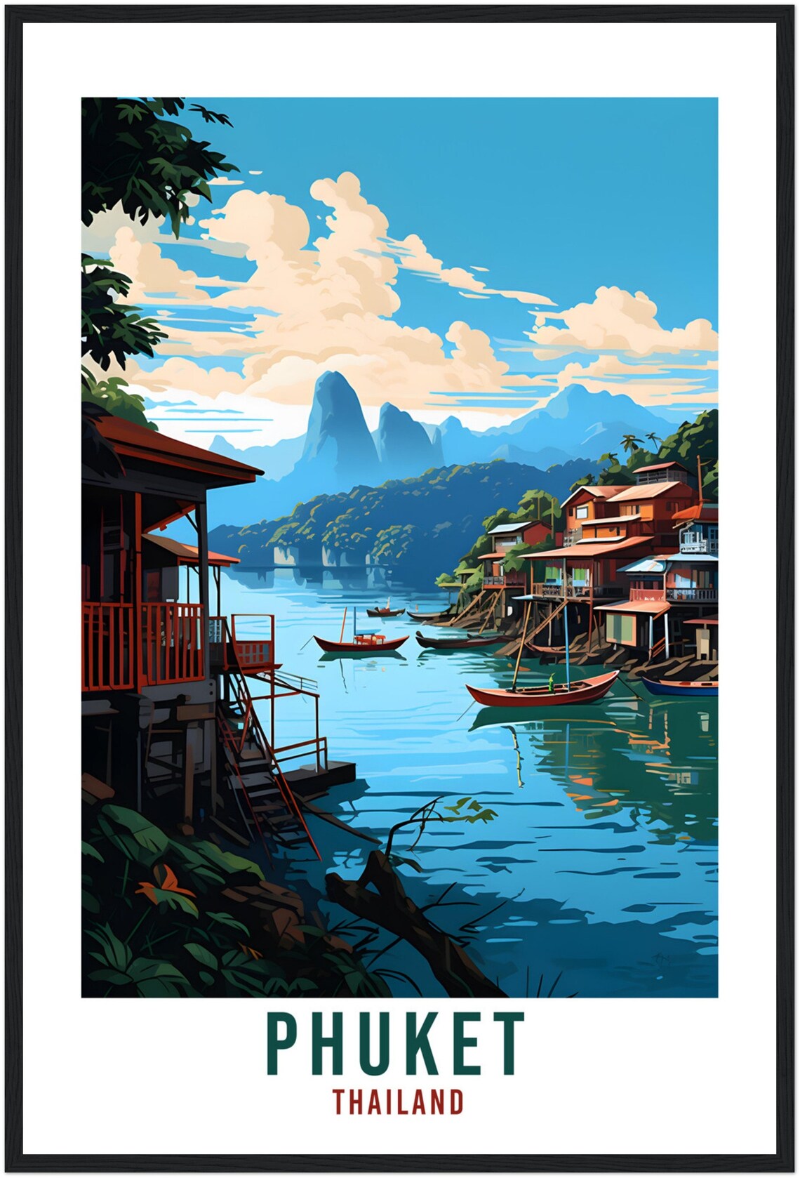 Phuket Thailand Stilt Houses Lagoon Longtail Boats Tropical Poster - Image 4