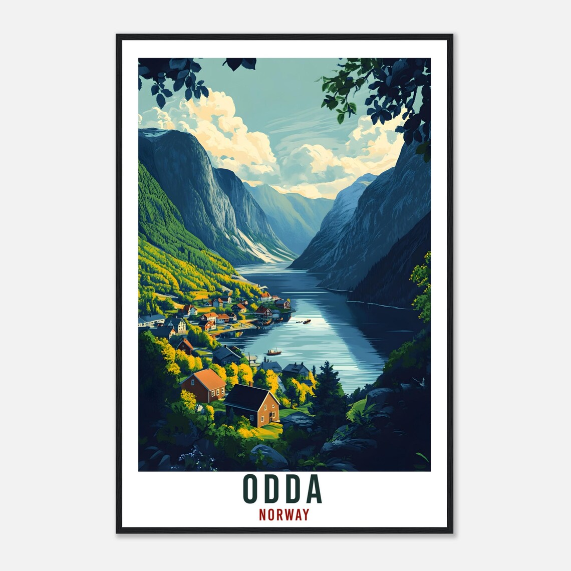 Odda Norway Fjord Village Golden Light Illustrated Travel Poster - Image 4