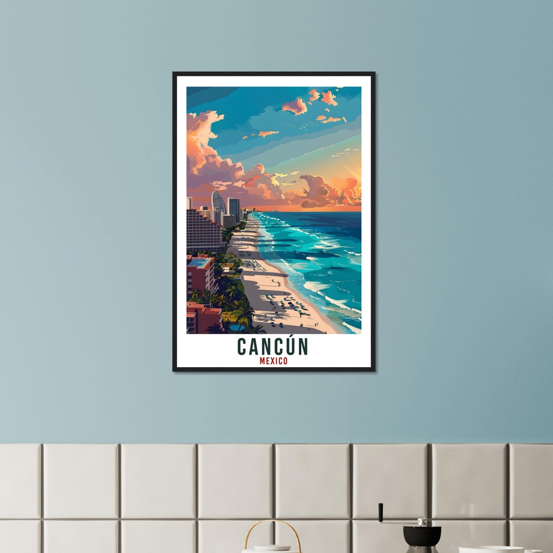 Cancun Mexico Beach Skyline Sunset Ocean Waves Travel Poster - Image 2
