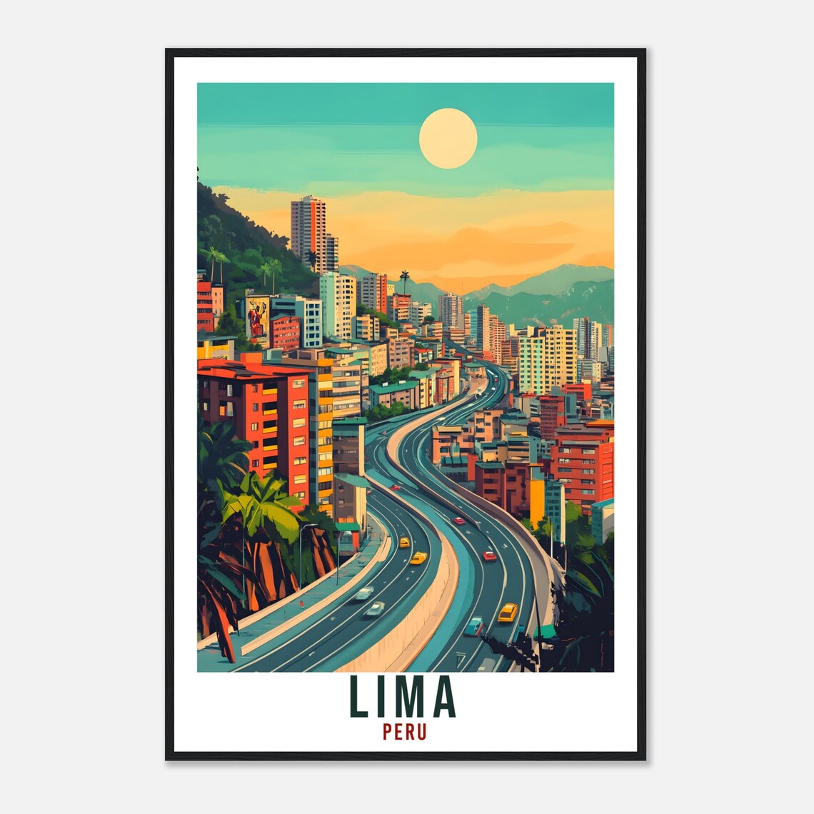 Lima Peru Sunset City Highway Skyline Vintage Illustrated Travel Poster - Image 4