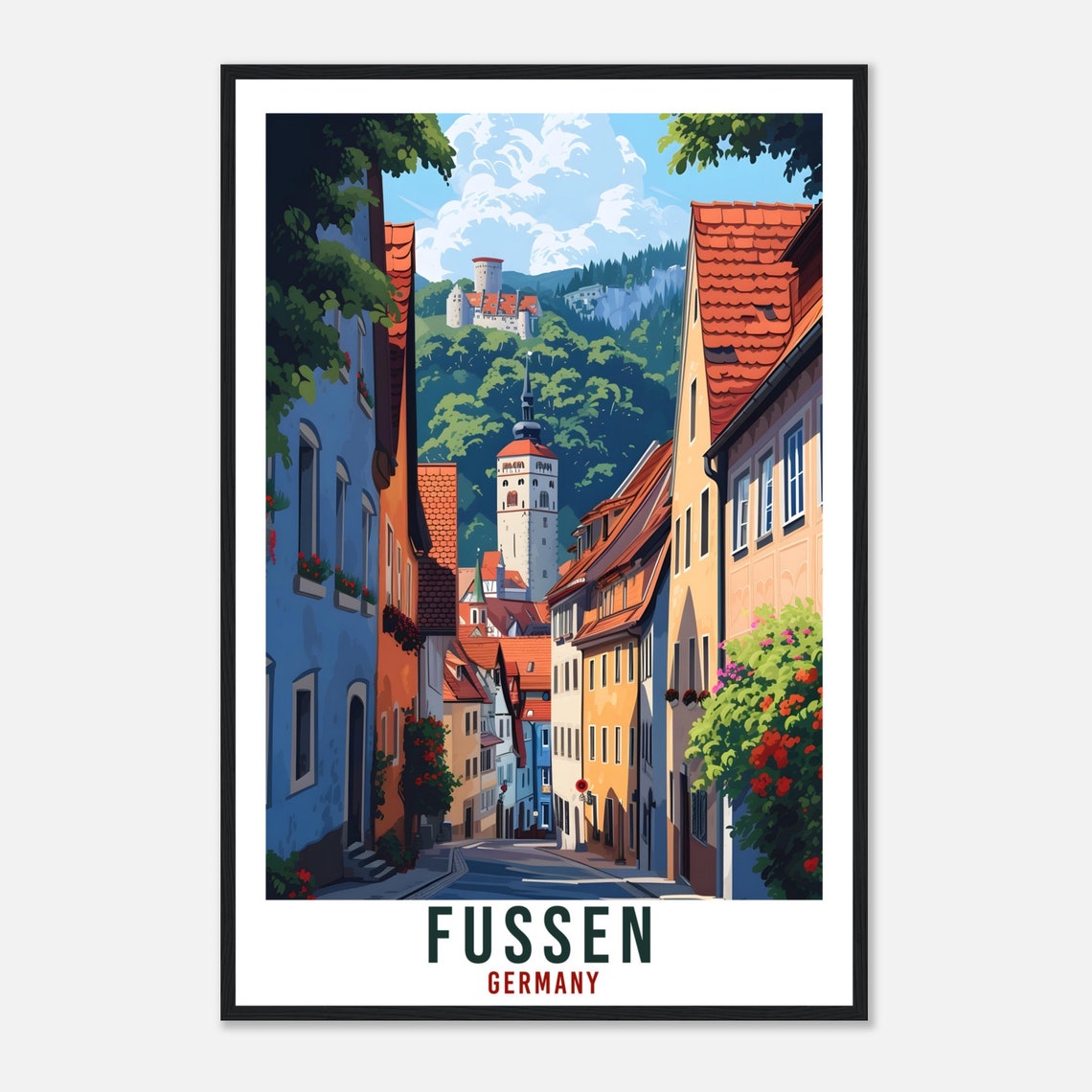 Fussen Germany Old Town Travel Poster Castle Hill Street Scene - Image 4