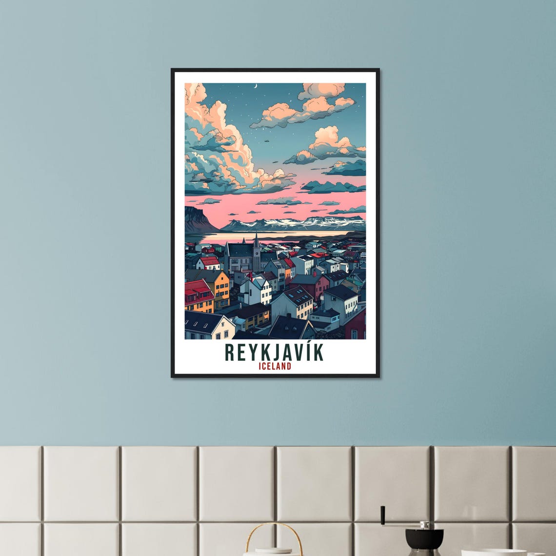 Reykjavik Iceland Twilight City Harbor Skyline Retro Travel Poster - Image 2