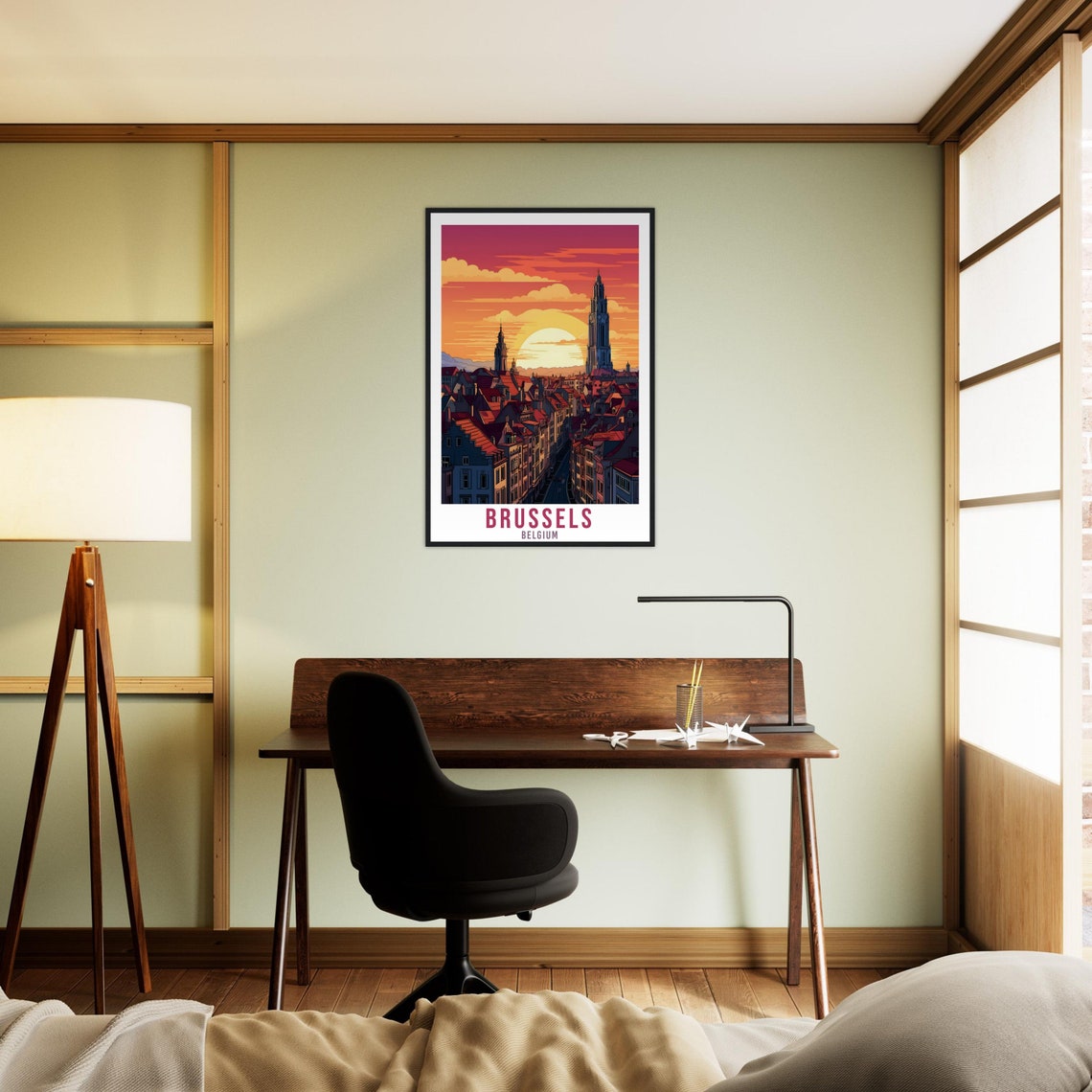 Brussels Belgium Sunset Travel Poster Retro Cityscape Skyline - Image 4