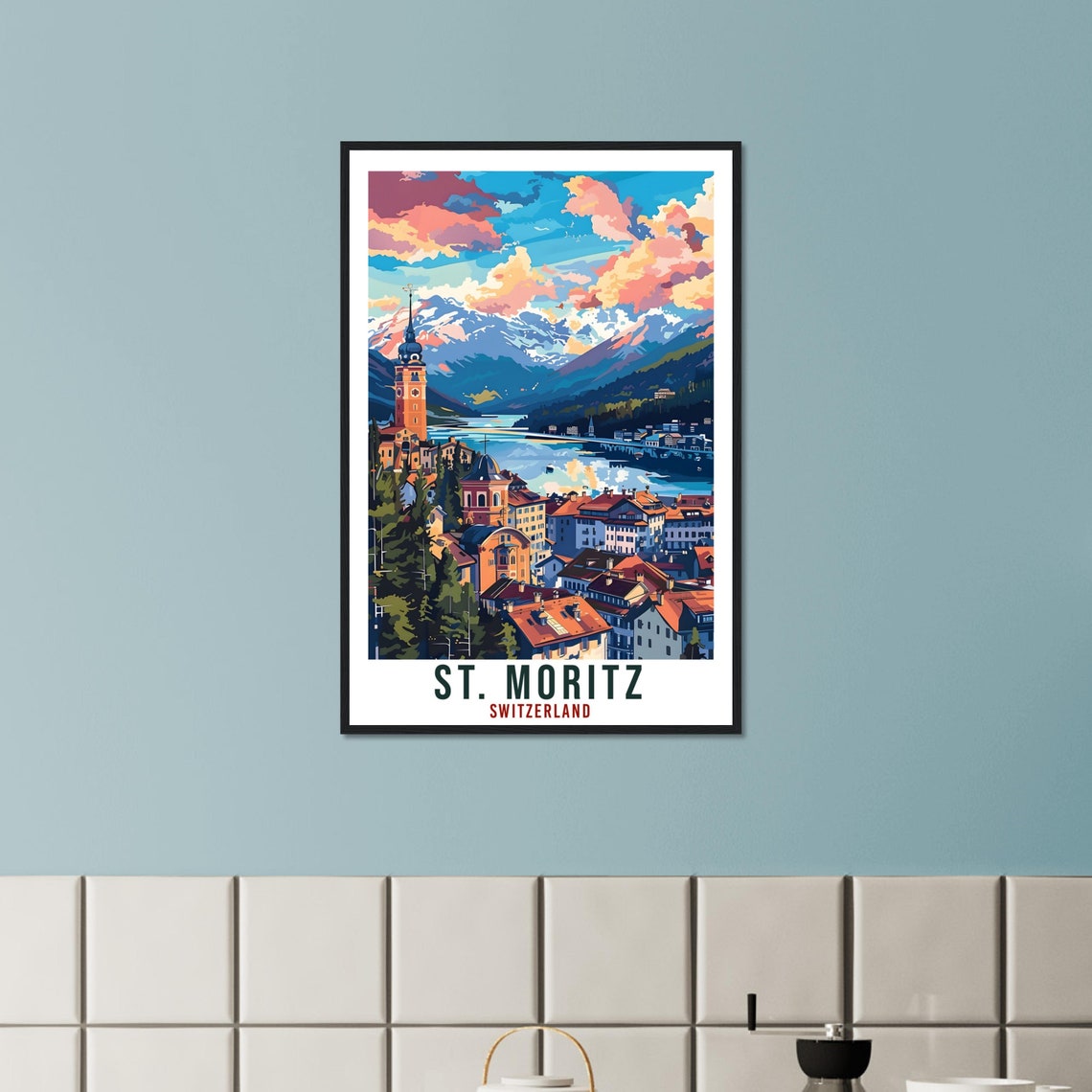 St Moritz Switzerland Alpine Lake Mountain Town Sunset Poster - Image 3
