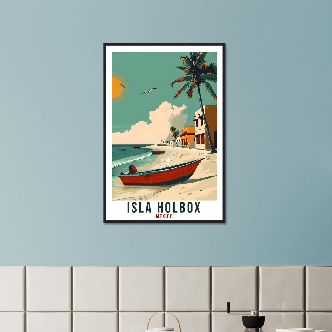 Isla Holbox Mexico Sandy Beach Fishing Boats Palm Shore Sunset Scene Poster - Image 2
