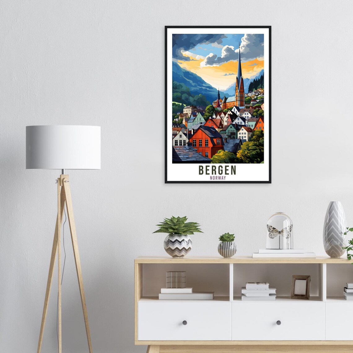 Bergen Norway Town Travel Poster Fjord Church Spire Mountain View - Image 2
