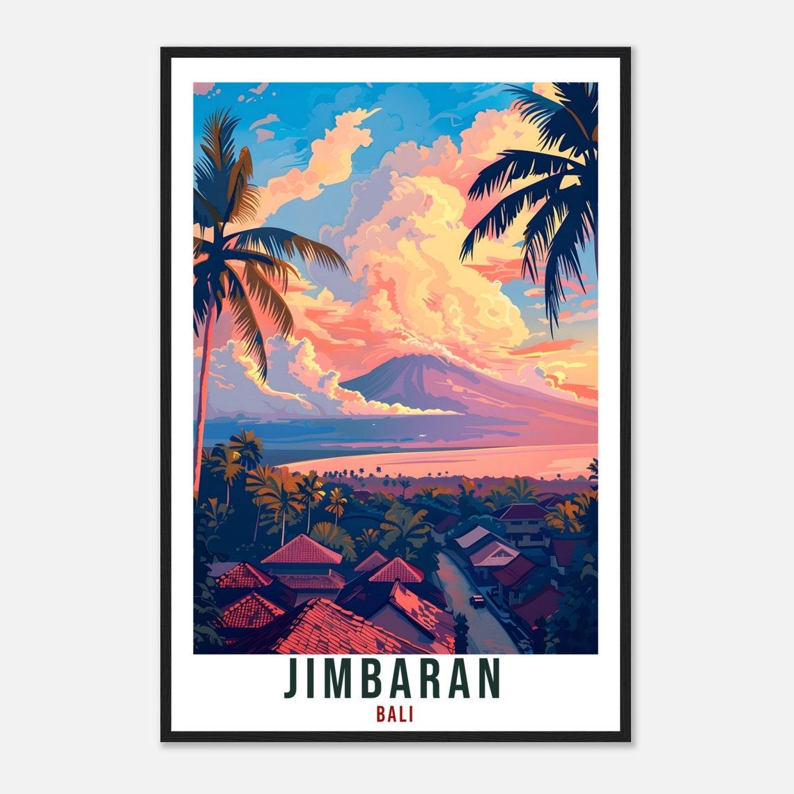 Jimbaran Bali Volcano Sunset Bay Illustrated Vintage Travel Poster - Image 4
