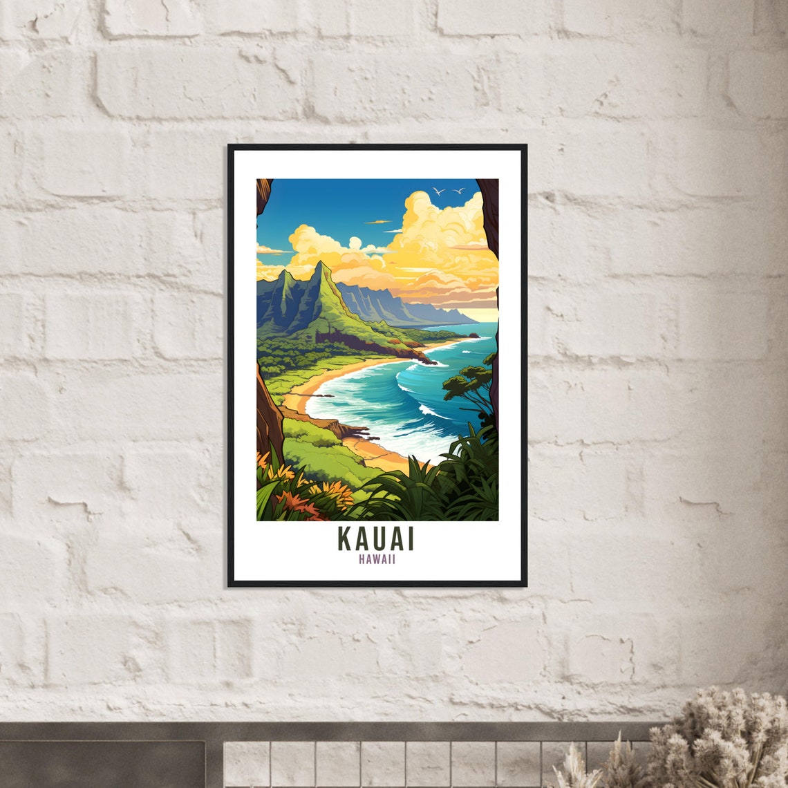 Kauai Hawaii Lush Green Cliffs Beach Surf Waves Travel Poster - Image 2