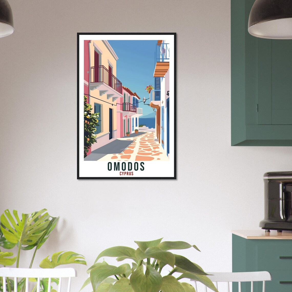 Omodos Cyprus Village Lane Pastel Houses Bougainvillea Travel Poster - Image 3