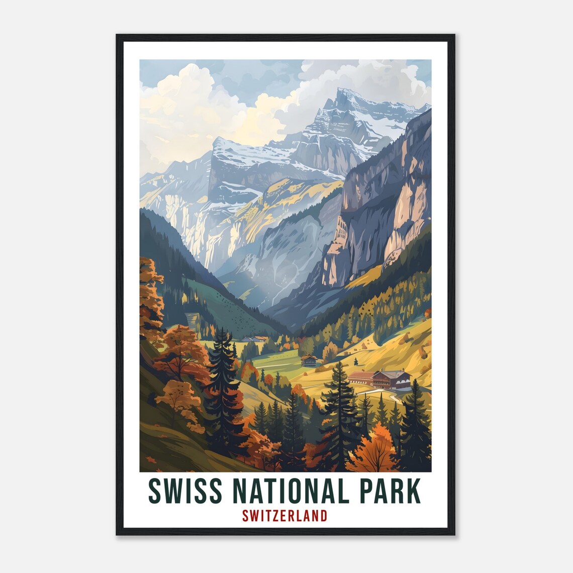 Swiss National Park Alpine Valley Chalets Autumn Pines Travel Poster - Image 4