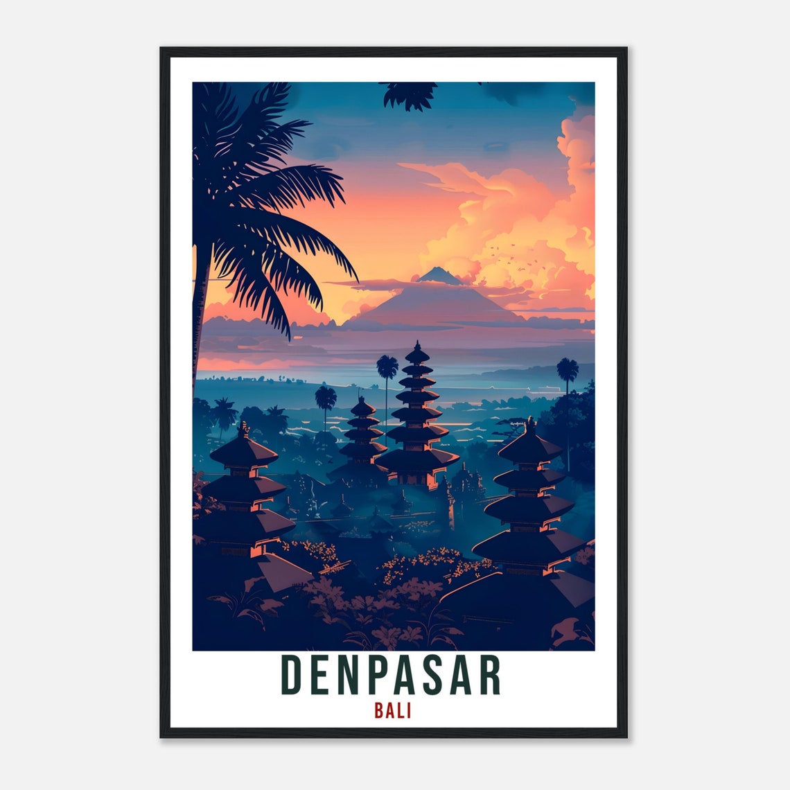 Denpasar Bali Temple Silhouette Sunset Mountain View Travel Poster - Image 4