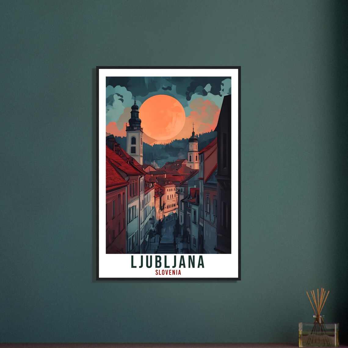 Ljubljana Slovenia Old Town Moonrise Red Rooftops City Poster - Image 3