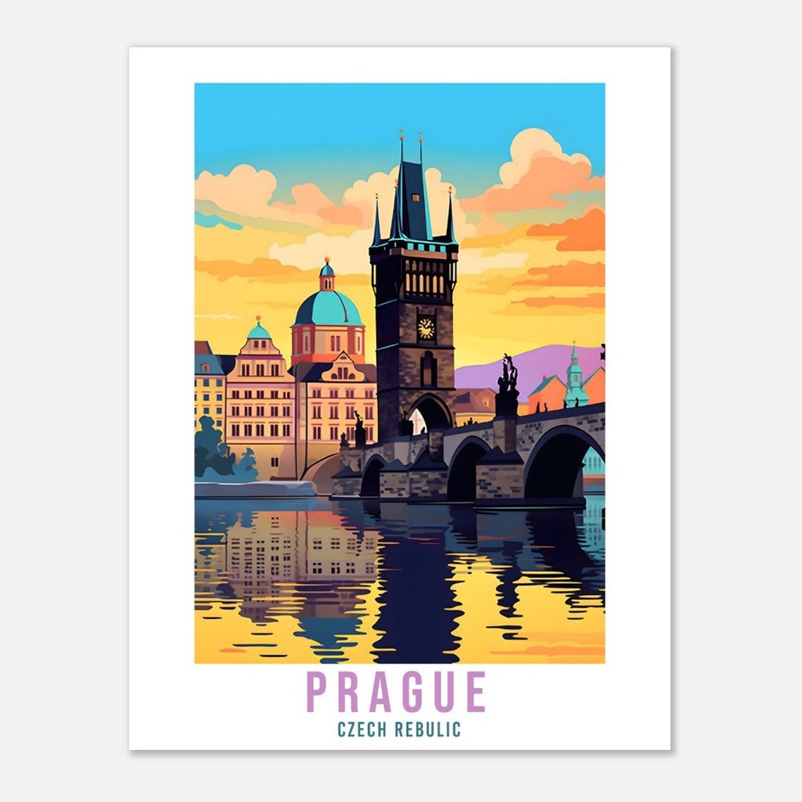 Prague Czechia Charles Bridge Tower Sunset River View Travel Poster - Image 3