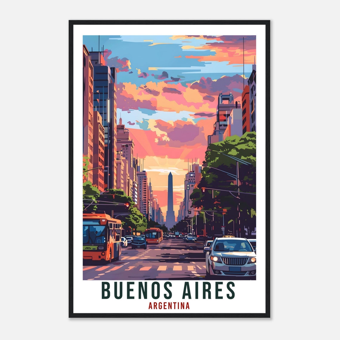Buenos Aires Argentina Avenue Sunset Buses Obelisk Travel Poster - Image 4
