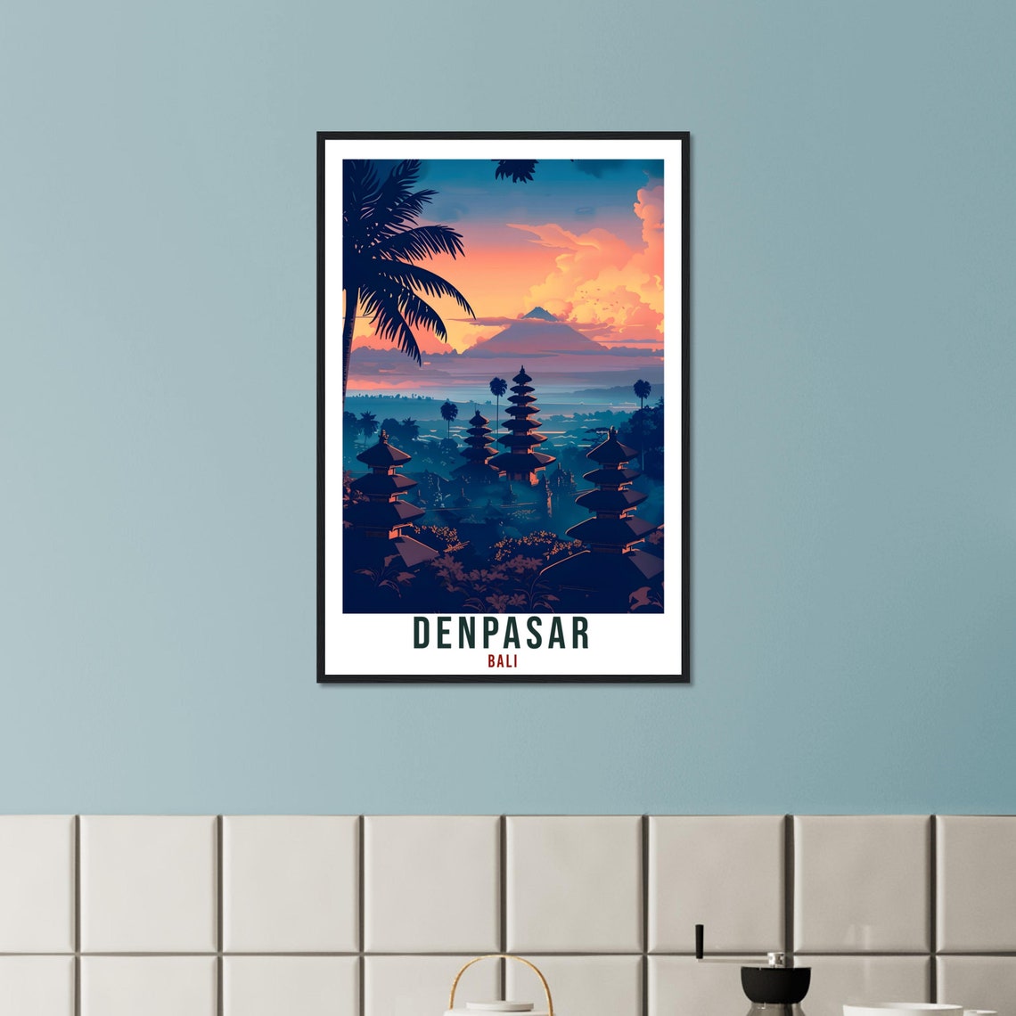Denpasar Bali Temple Silhouette Sunset Mountain View Travel Poster - Image 2