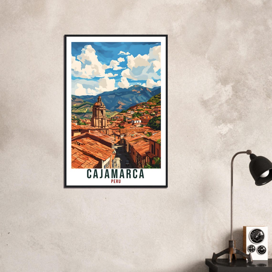 Cajamarca Peru Cathedral Rooftops Mountain Vista Travel Art Poster - Image 3