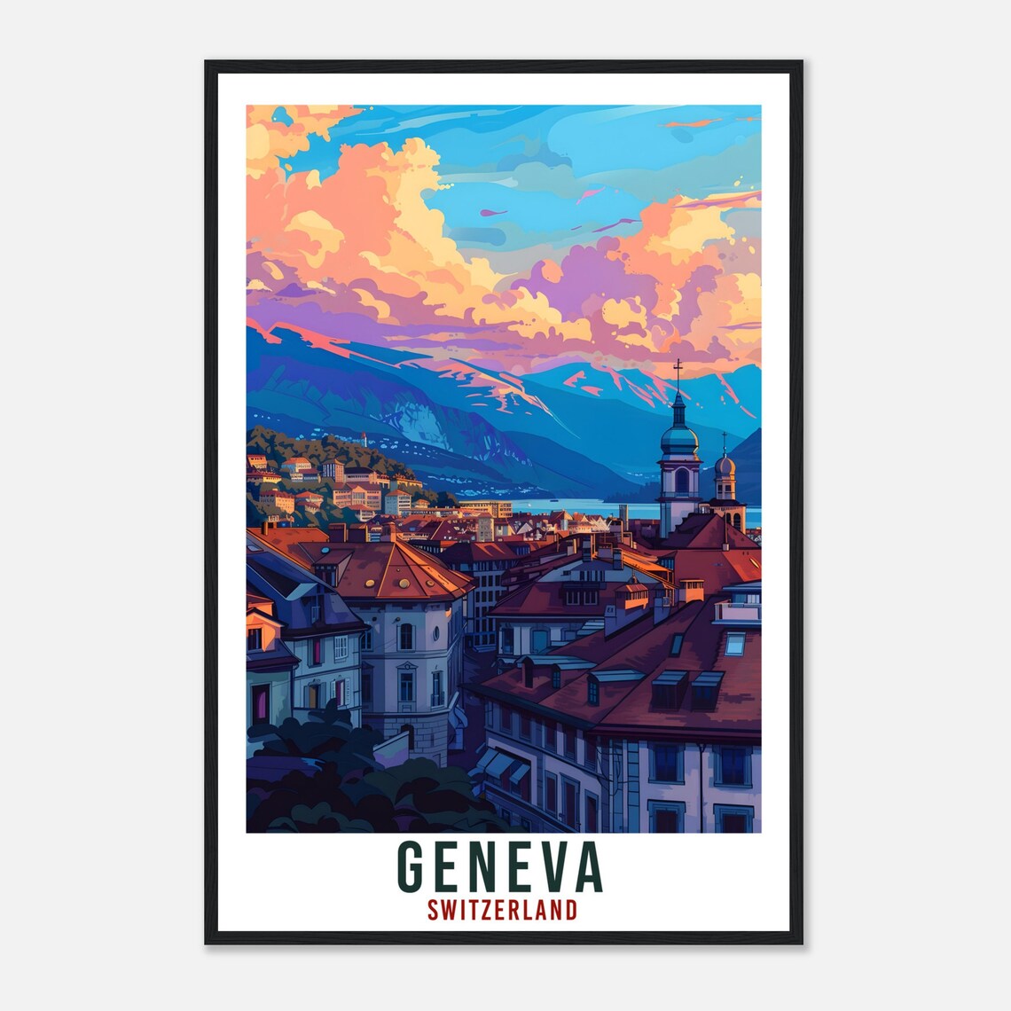 Geneva Switzerland Sunset Church Steeple Mountain View Travel Poster - Image 4