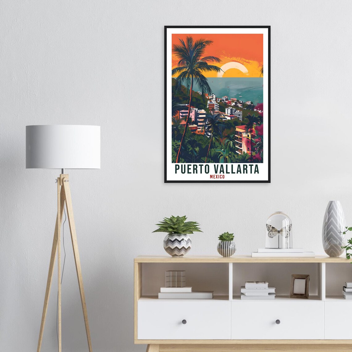 Puerto Vallarta Mexico Palm Tree Sunset Retro Bay Travel Poster - Image 3