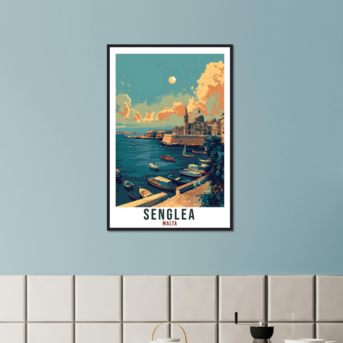 Senglea Malta Old Waterfront Boats Church Retro Travel Poster - Image 3