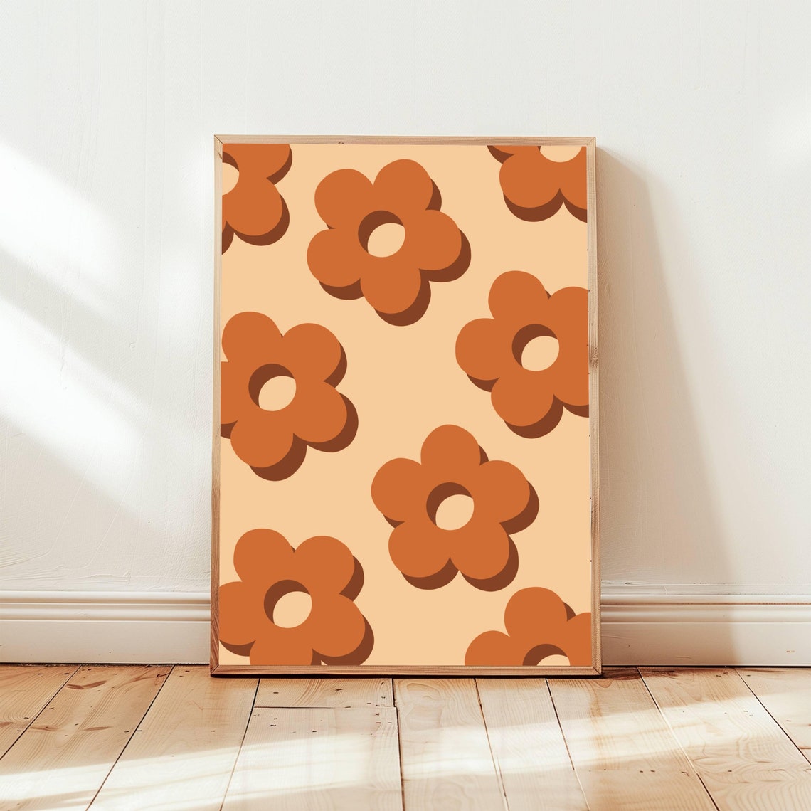 Rust Orange Retro Daisy Pattern 70s Groovy Floral Art Poster