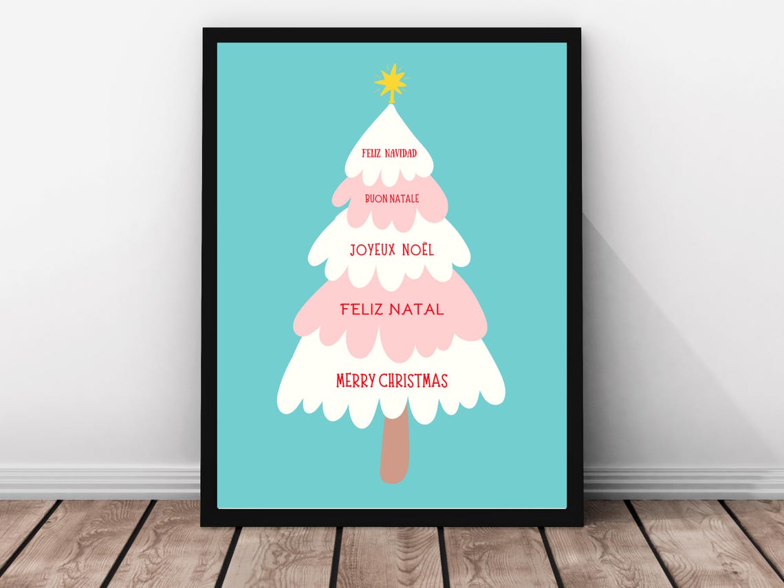 Merry Christmas Five Languages Pink Tree Teal Holiday Quote Poster - Image 3