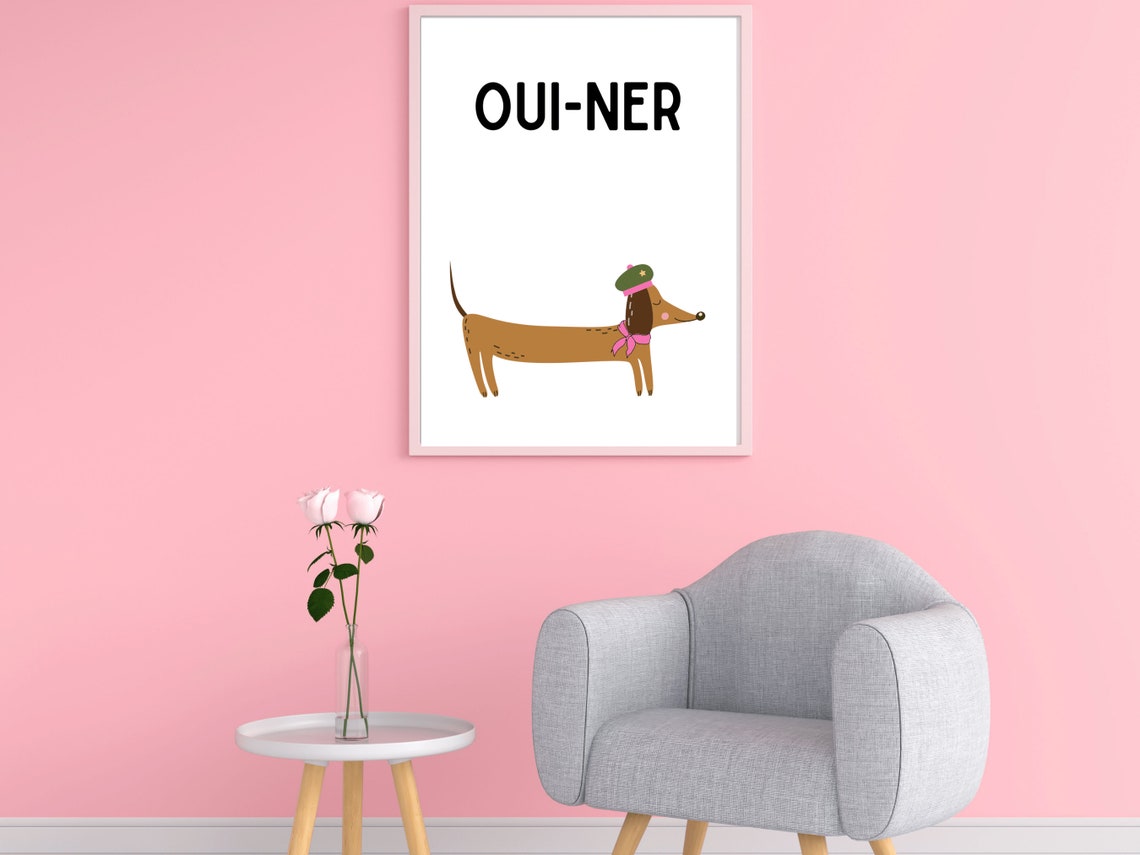 French Oui Wiener Dog Print Adorable Dachshund Parisian Doxie Love Poster Pink Dog Amour Decor Punny Art Gift Dog Parent - Image 2