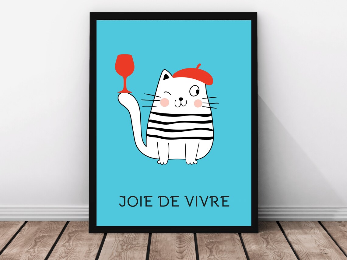 Joie De Vivre French Cat Beret Wine Glass Fun Cat Lover Poster - Image 5