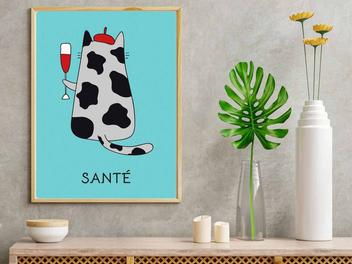 Sante French Cat Champagne Cheers Celebration Fun Wall Poster