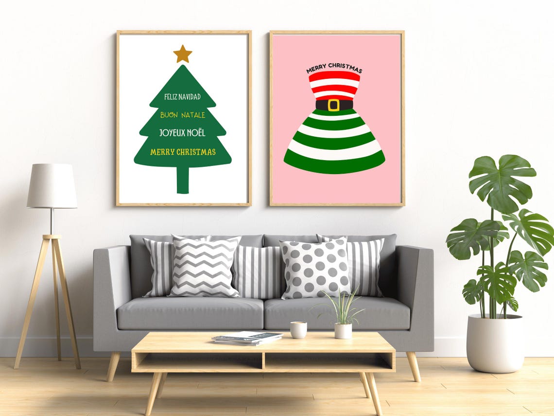 Retro Christmas Striped Dress Pink Merry Christmas Print Stylish Fashion Holiday Red And Green Stripe Xmas Poster Festive Wall Art - Image 2