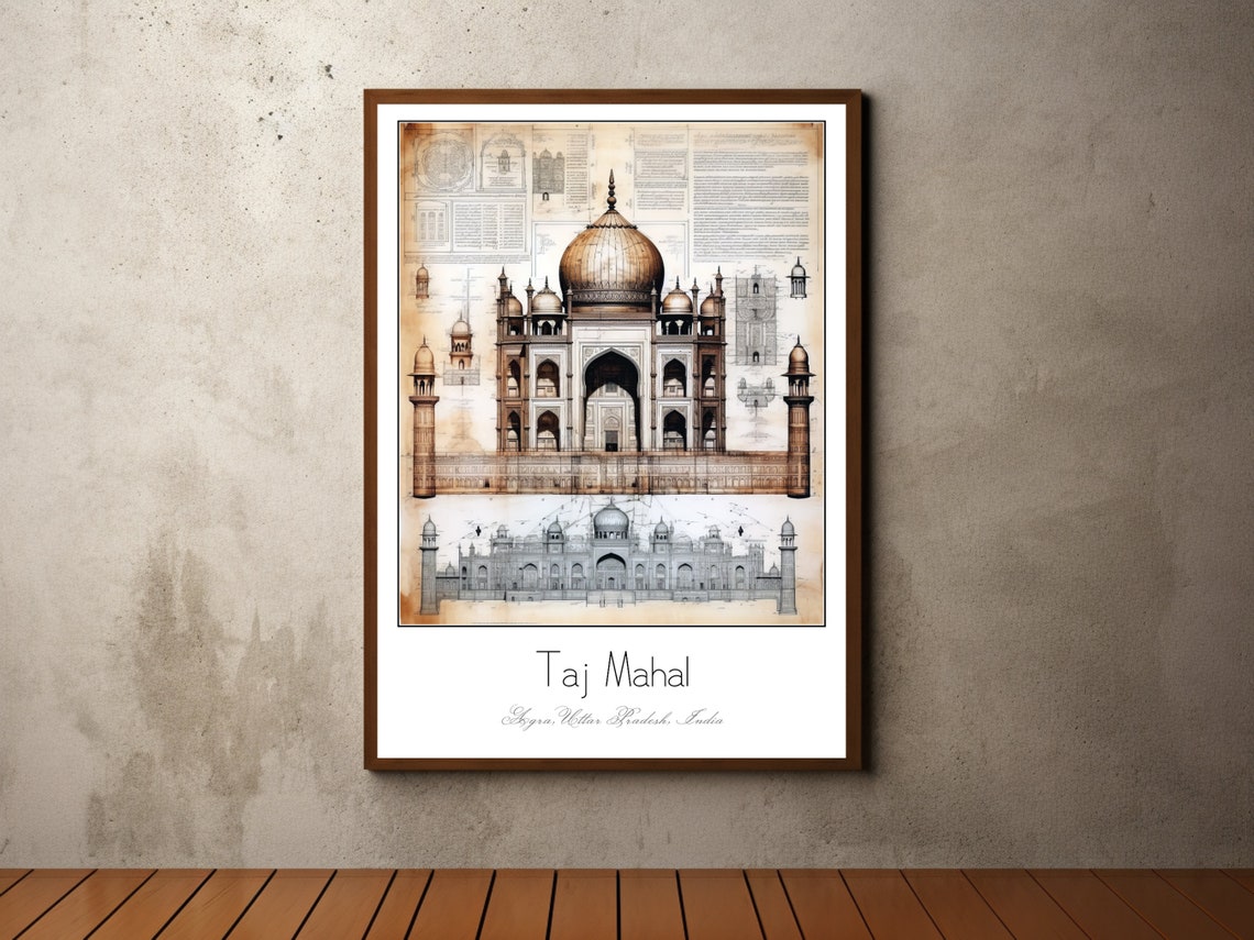Taj Mahal Agra India Sepia Architectural Study Vintage Art Poster