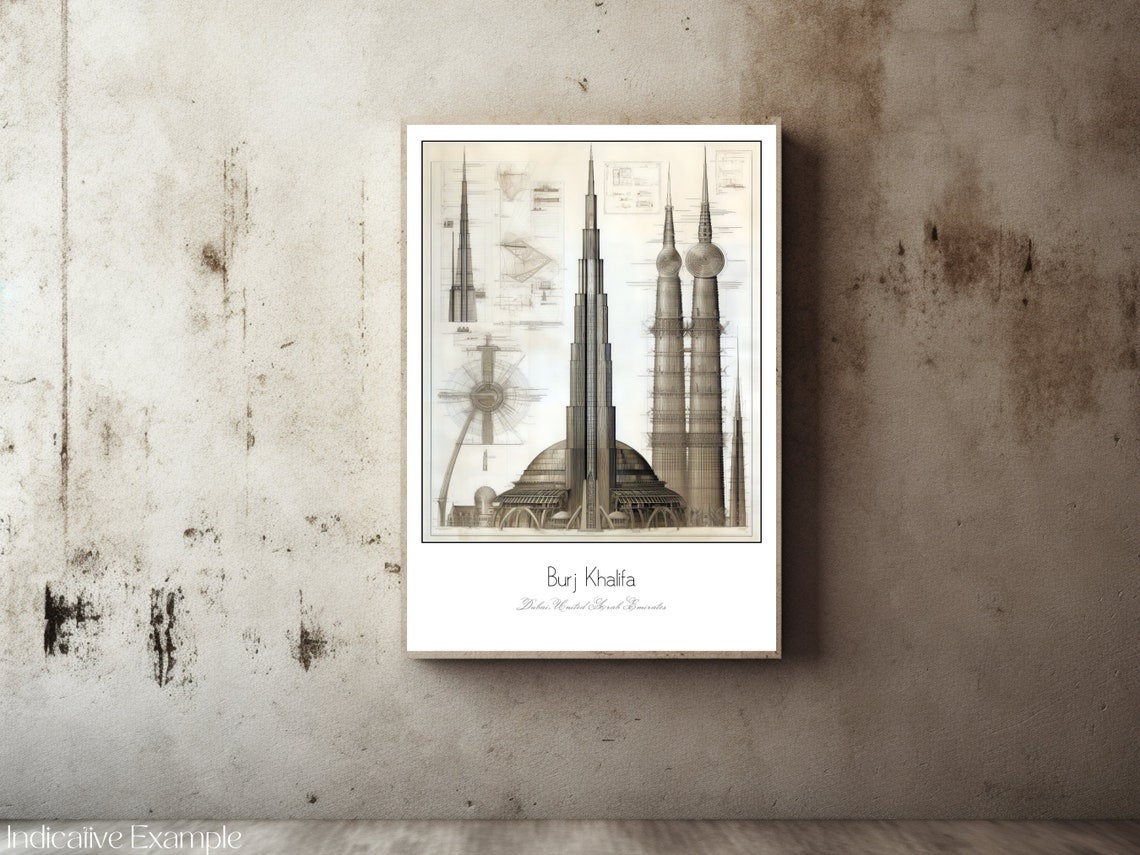Burj Khalifa Dubai Sepia Blueprint Architectural Drawing Art Poster - Image 2