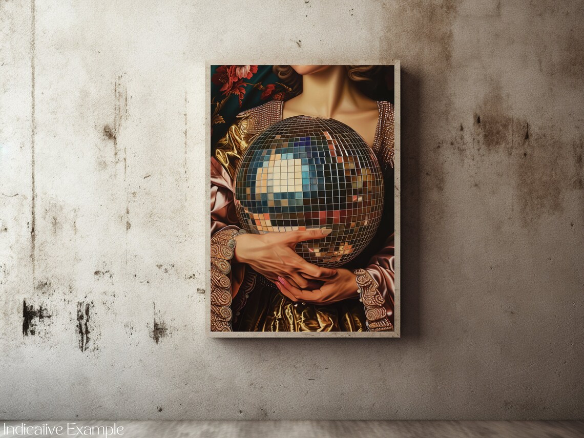 Golden Gown Woman Holding Disco Ball Baroque Party Glam Poster - Image 2