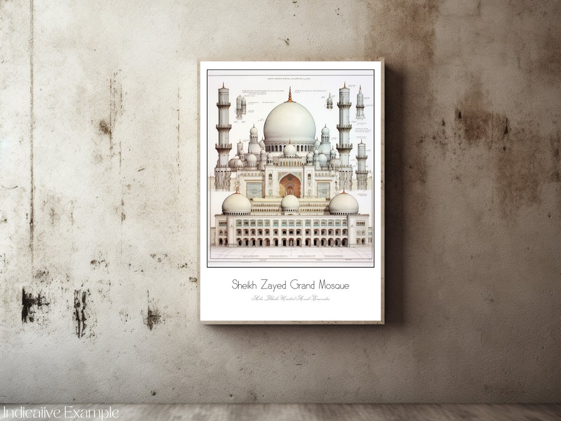 Sheikh Zayed Grand Mosque Abu Dhabi Architectural Drawing Art Poster - Image 2
