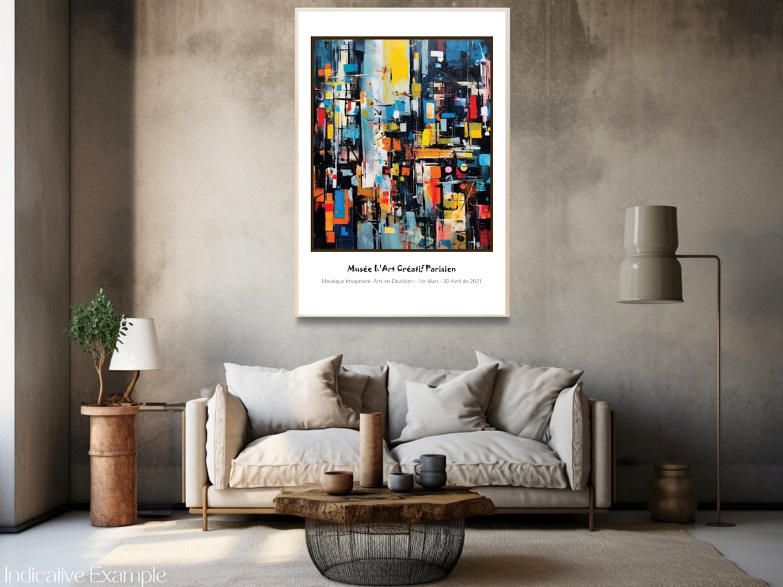 Basquiat Inspired Dark Abstract Cityscape Blue Yellow Poster - Image 3